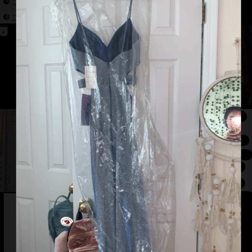 Long Dusty Blue Glitter Prom Dress By PromGirl - Picture 3 of 5